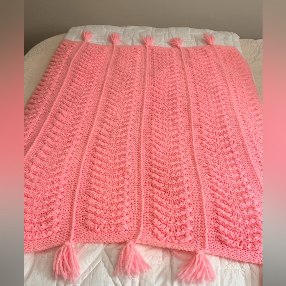 Vintage Pink Handmade Knitted Throw with Tassels - 1969